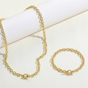 14K gold plated textured chain jewelry set with necklace and bracelet featuring OT clasps