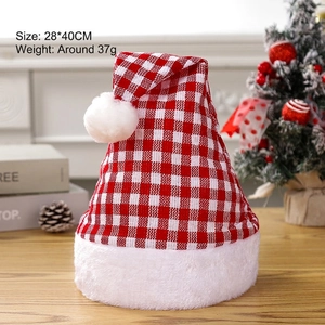 Red and white plaid Christmas hat with white faux fur trim and pompom, size 28x40cm