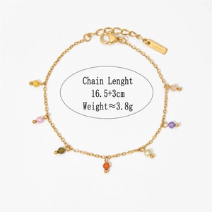 Detailed shot of golden stainless steel bracelet with colorful faceted beads and dimensions