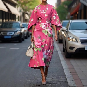 Robe mi-longue fleurie rose avec manches chauve-souris 3/4 et imprimé roses dans la rue
