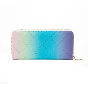 Pink and blue gradient long wallet with diamond quilted stitching and gold zipper closure