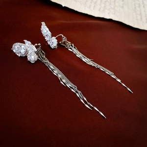 Détail macro de boucles d'oreilles papillon en zircon argenté avec longues franges