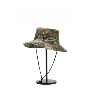 Close-up of camouflage sun hat with mesh vents and adjustable windproof strap