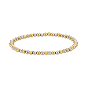 Close-up of a two-tone gold and silver beaded elastic bracelet on a white background