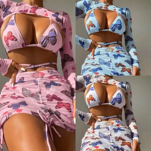 Butterfly Print Halter Bikini Top Bottom With Mesh Shrug And Ruched Mini Skirt Sexy Beachwear Women Polyester Spandex