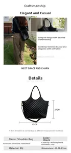 Detail view of black quilted tote bag with 41x27cm dimensions and crossbody strap