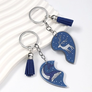 Detail showing acrylic deer and whale keychains with matching tassels and silver rings