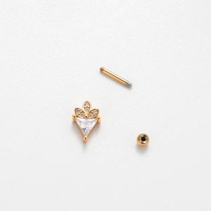 Golden double-headed stainless steel stud earring with triangle zircon and floral design