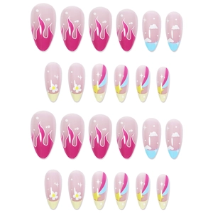 French almond fake nails with pink flame and star patterns, 24 pieces set for women