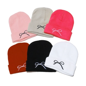 Bowknot Embroidery Knitted Beanie Hat Acrylic Cuffed Warm Soft Sweet Korean Style For Women Autumn Winter
