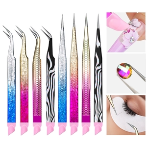 Stainless Steel Precision Tweezers For Nail Art And Eyelash Extension Dual Head With Silicone Pressing Stick Gradient Pattern