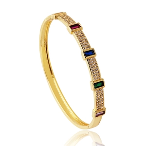 Detailed side view of gold plated bangle with colorful rectangle cubic zirconia stones