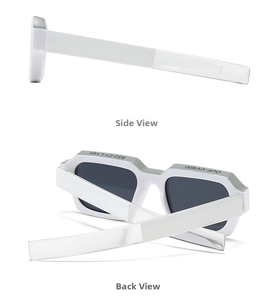 Detailsicht der weißen schmalen Sonnenbrille mit UV400-Markierung und Modell S52-21-L 140