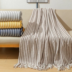 Knitted Throw Blanket Striped Polyester Acrylic Blend Soft Decorative With Tassels For Sofa Bed Couch Home Modern