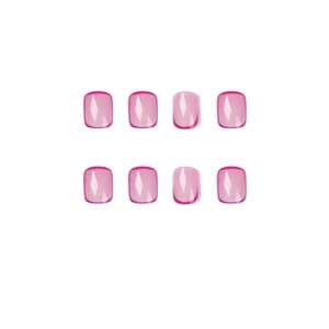 Pink French tip press-on nails with rose red borders and glossy finish on white background