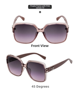 Close-up of square purple pink sunglasses with gradient tea lenses and metallic hinges