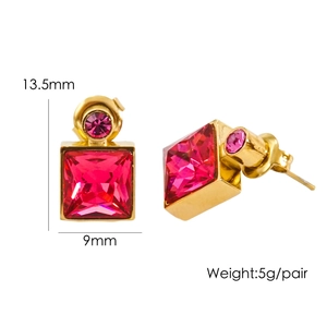 Detailed view of pink square crystal earrings with gold base and size measurements