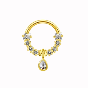 Gold stainless steel nose ring with white zircon water drop pendant for body piercing