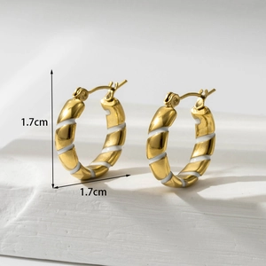 French vintage style 1.7cm twisted gold hoop earrings with white enamel croissant texture