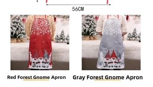 Detailed view of red and gray Christmas gnome aprons featuring 56cm width snowflake patterns