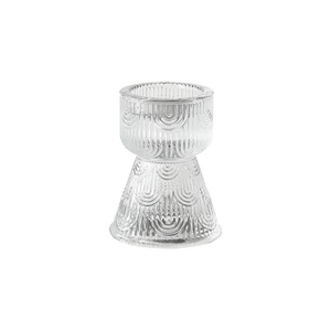European vintage striped clear glass candle holder with elegant scalloped texture