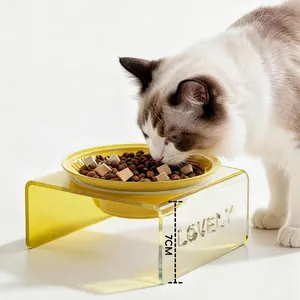 Elevated ceramic cat bowl with yellow acrylic stand and lovely engraving 7CM height