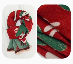 Dettaglio di sciarpa in maglia rossa e verde per bambini con nappe e trama morbida