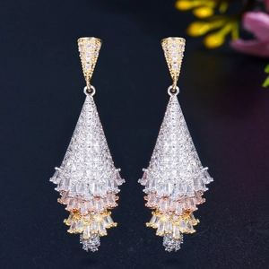 Tiered Christmas Tree Drop Earrings With Zircon Three Tone Plated Copper Luxury Party Geometric Jewelry For Women