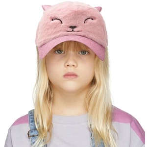 Detailed view of pink plush cat ear baseball cap with glitter brim on young girl