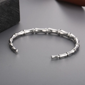 Bamboo style silver open bangle bracelet with high polish finish for men and women