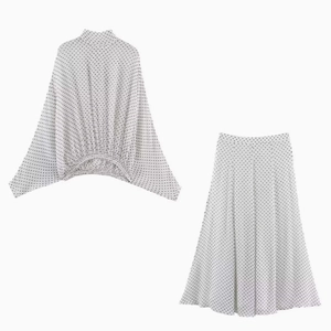 Women's two-piece polka dot set with long-sleeved shirt and high-waisted A-line midi skirt