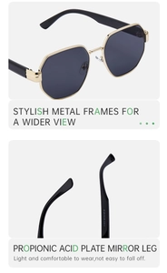 Detail of octagonal gold metal frame sunglasses with black lenses and acetate temple tips