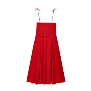 Red cotton midi dress with spaghetti straps and elastic shirred bodice for women