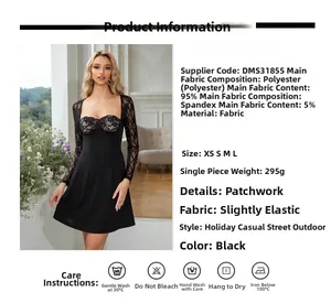 Detailed fabric chart of black lace dress showing 95% polyester and 5% spandex blend