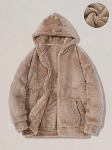 Sherpa fleece hooded zip-up jacket in khaki with plush texture and ribbed cuffs