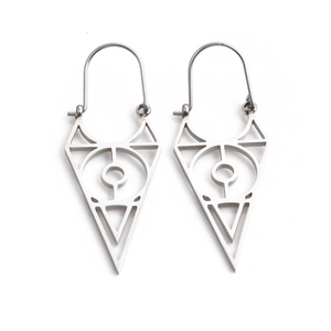 Minimalist silver triangle eye earrings with geometric hollow design on white background