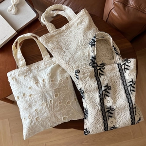 French Vintage Lace Embroidery Handbag Cotton Hollow Floral Small Tote Bag For Women Casual Daily Summer Aesthetic
