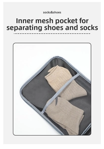 Detail of travel shoe bag featuring a black mesh divider with organized cotton socks