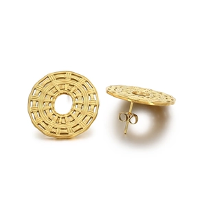 Chic 18K gold plated stainless steel stud earrings with woven oval texture and hollow design