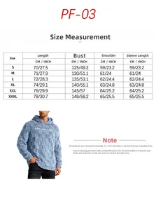 Detailed size chart for men's loose lamb fleece sweatshirt with embroidery and measurements