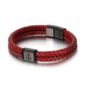 Braided red leather nautical anchor bracelet with black magnetic clasp for men