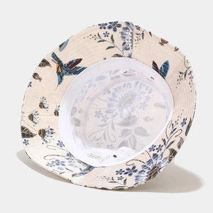 Cappello da sole beige con stampe di fiori e uccelli, design pieghevole in poliestere
