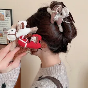 Cute plush pony claw clip hair accessory in white, brown and red for elegant hairstyles