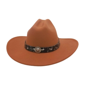 Detail of a brown wool felt jazz fedora featuring a lion head metal emblem and patterned band