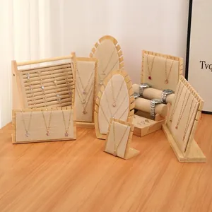 Jewelry Display Stand Bamboo Wood And Linen Burlap Necklace Holder Ring Organizer Bracelet Watch Rack Minimalist