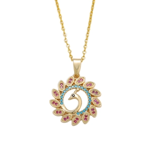 Elegant 18K gold plated peacock pendant necklace with colorful gemstones for women