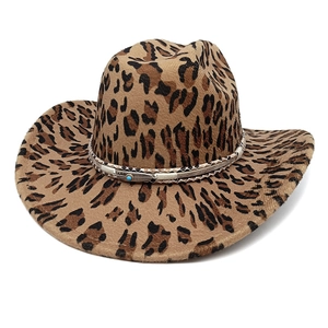 Western leopard print cowboy hat with vintage turquoise feather metal band on white background