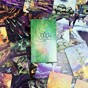 Flat lay detail of Sea Soul Journey Oracle cards showcasing artistic illustrations and card backs
