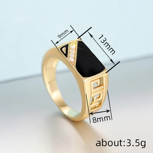Vintage men's gold ring with black enamel and zircon inlay featuring Greek key pattern