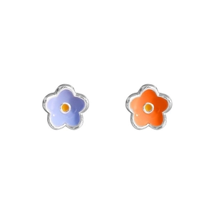 925 silver flower stud earrings with purple and orange enamel finish on white background